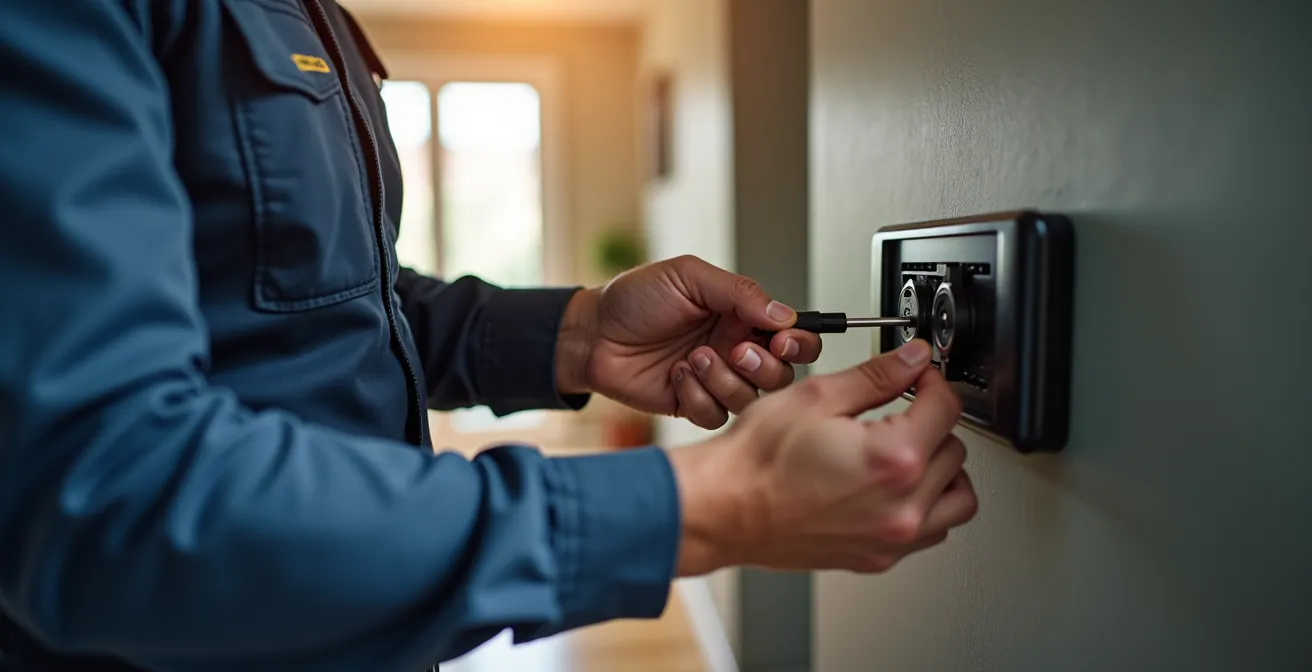 Technicien effectuant la maintenance d'un système de sécurité