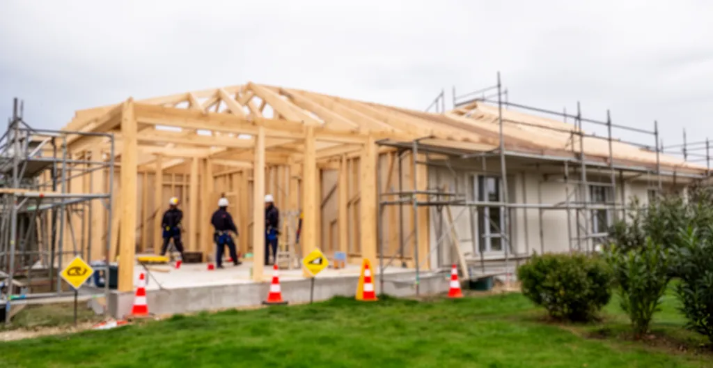 Chantier de construction résidentielle avec structure bois et échafaudages