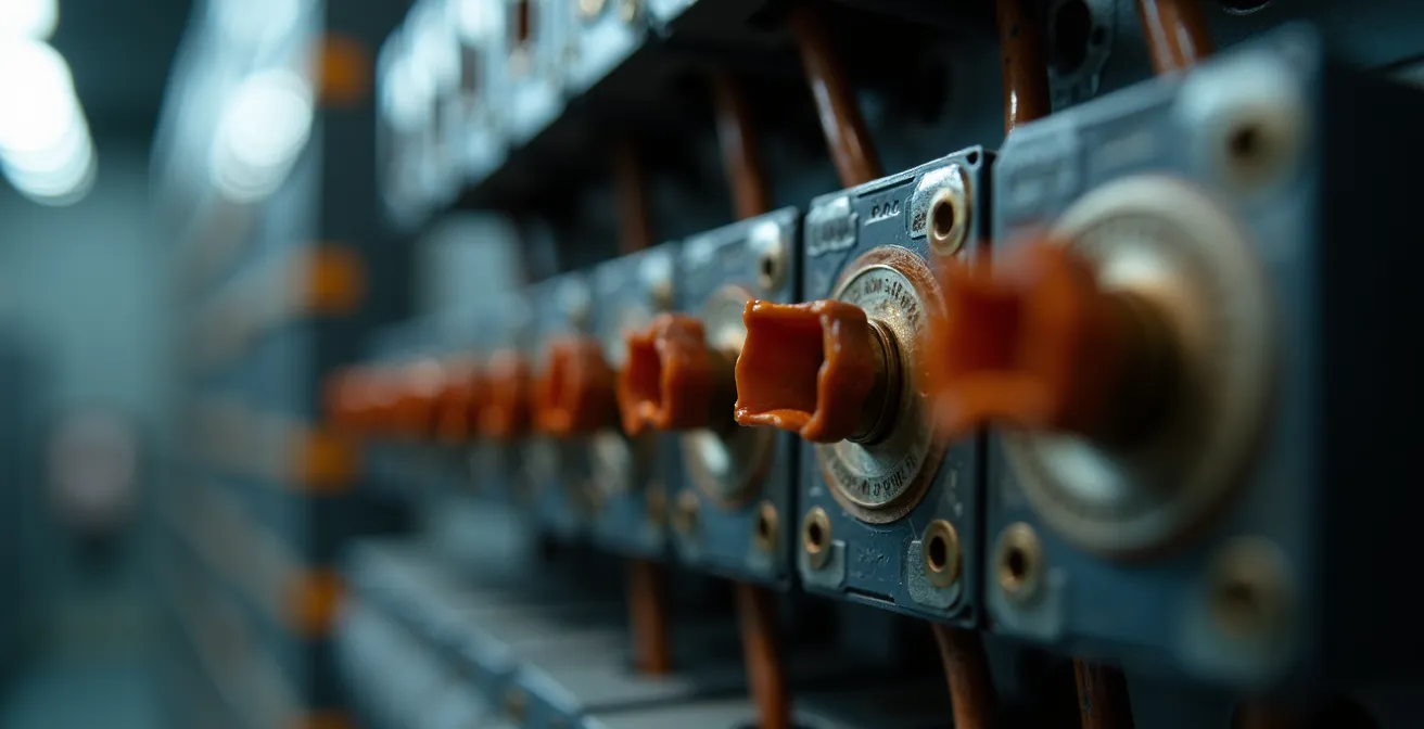 Gros plan sur un disjoncteur électrique professionnel avec ses câbles et connexions