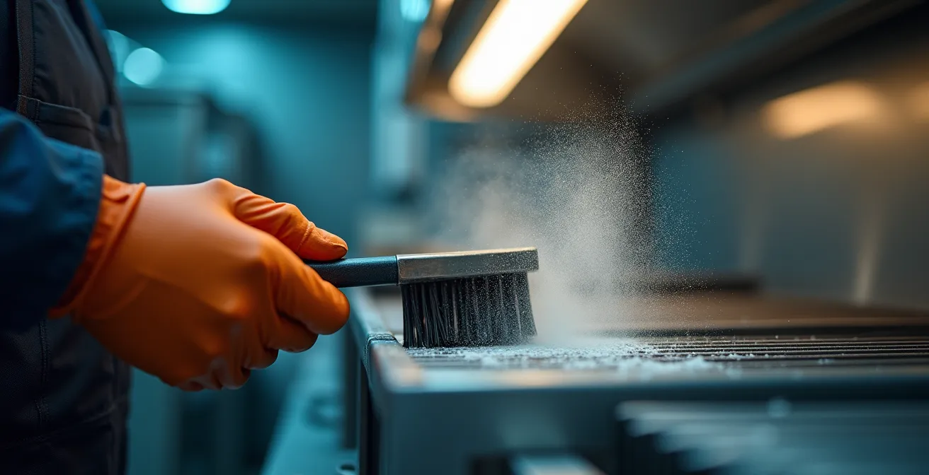 Vue rapprochée d'un condenseur de réfrigérateur professionnel montrant l'accumulation de poussière