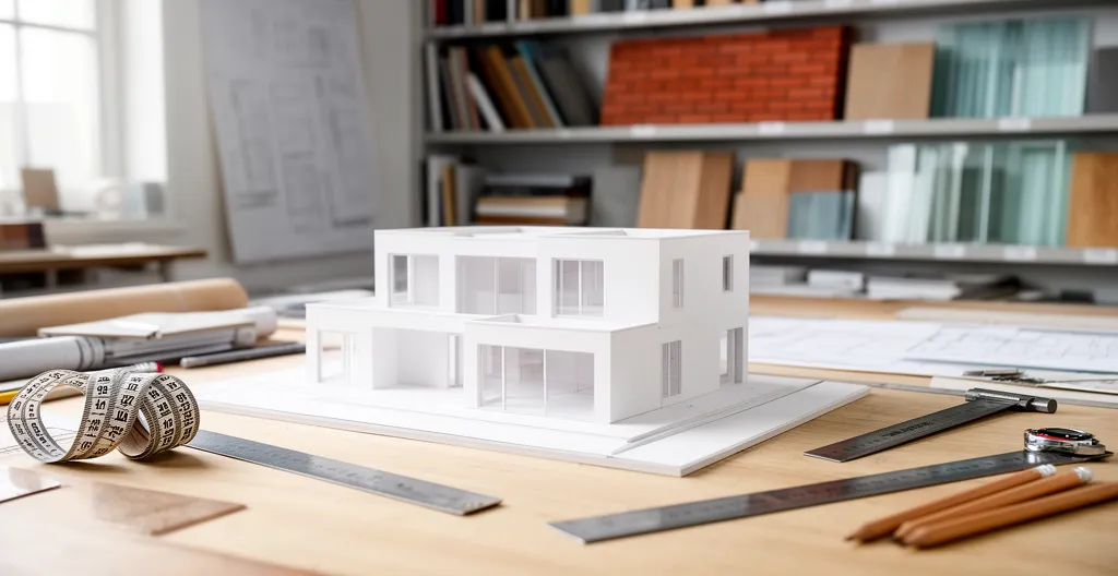 Maquette architecturale blanche posée sur un bureau avec outils de mesure