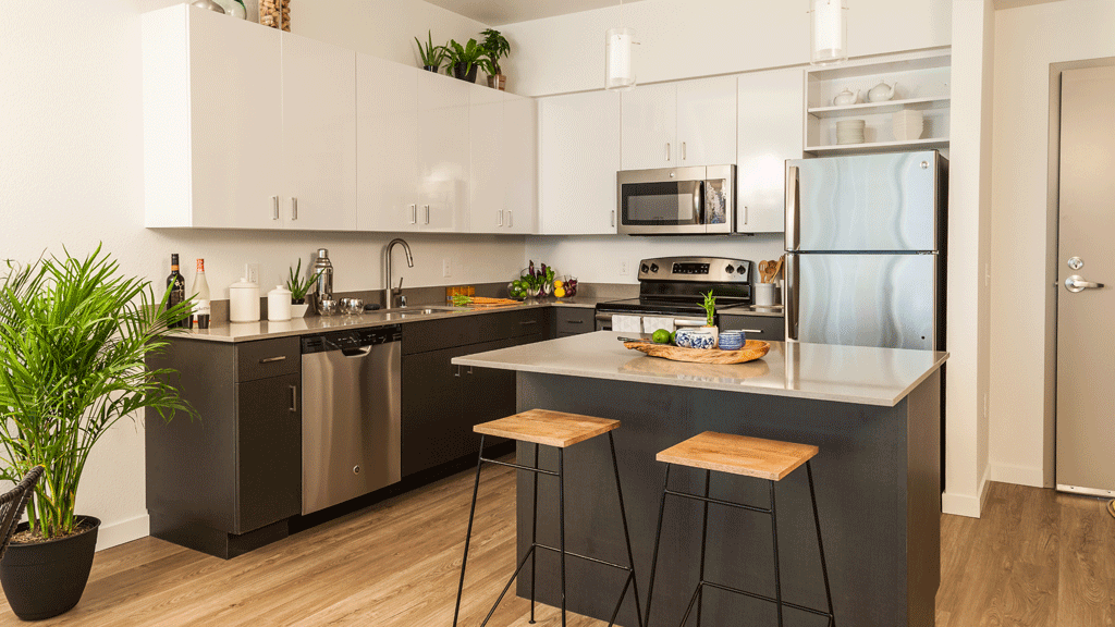 Cuisine équipée moderne d'appart-hôtel avec préparation de repas