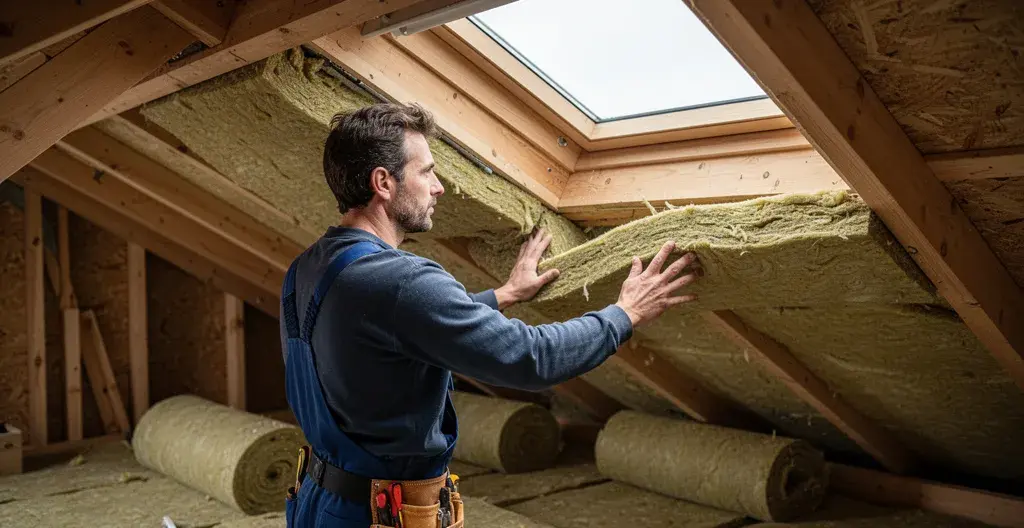 Artisan RGE installant isolation thermique entre chevrons de combles