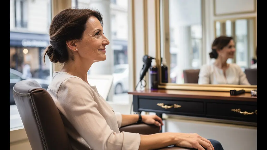 Cliente satisfaite observant son nouveau style dans un salon de coiffure élégant à Neuilly