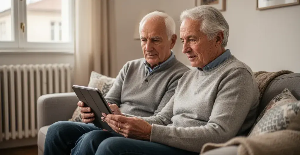 Couple de retraités consultant projet rénovation énergétique sur tablette
