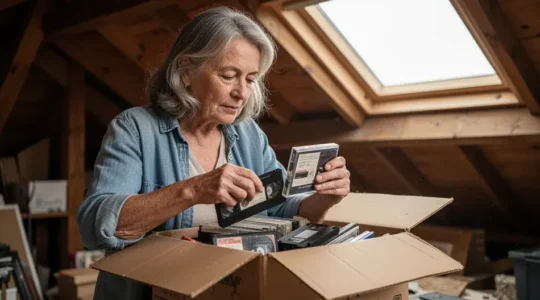 Femme découvrant des cassettes VHS anciennes dans un carton de grenier