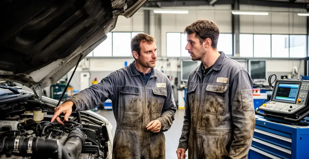 Deux mécaniciens discutant devant un camion capot ouvert dans un atelier poids lourds