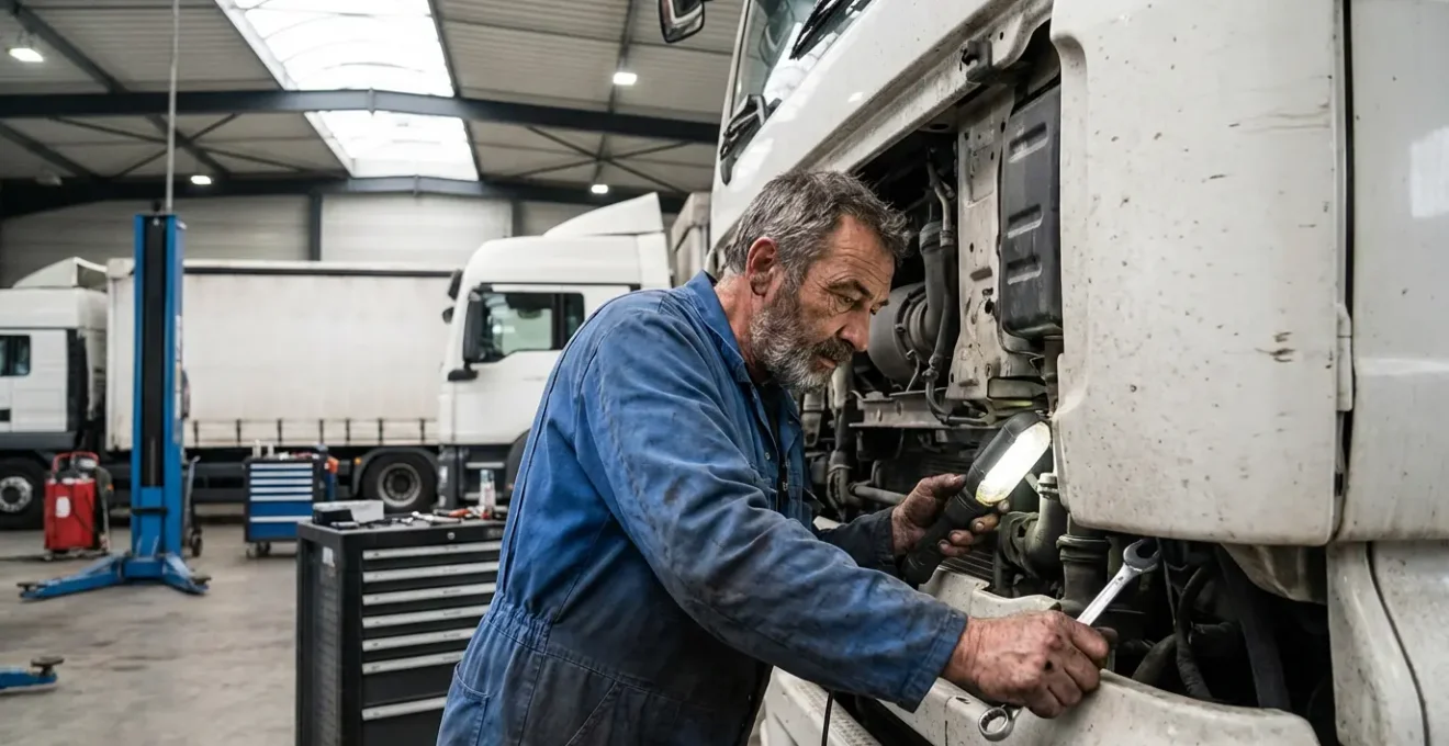 Mécanicien poids lourds inspectant le compartiment moteur d'un camion dans un atelier spécialisé