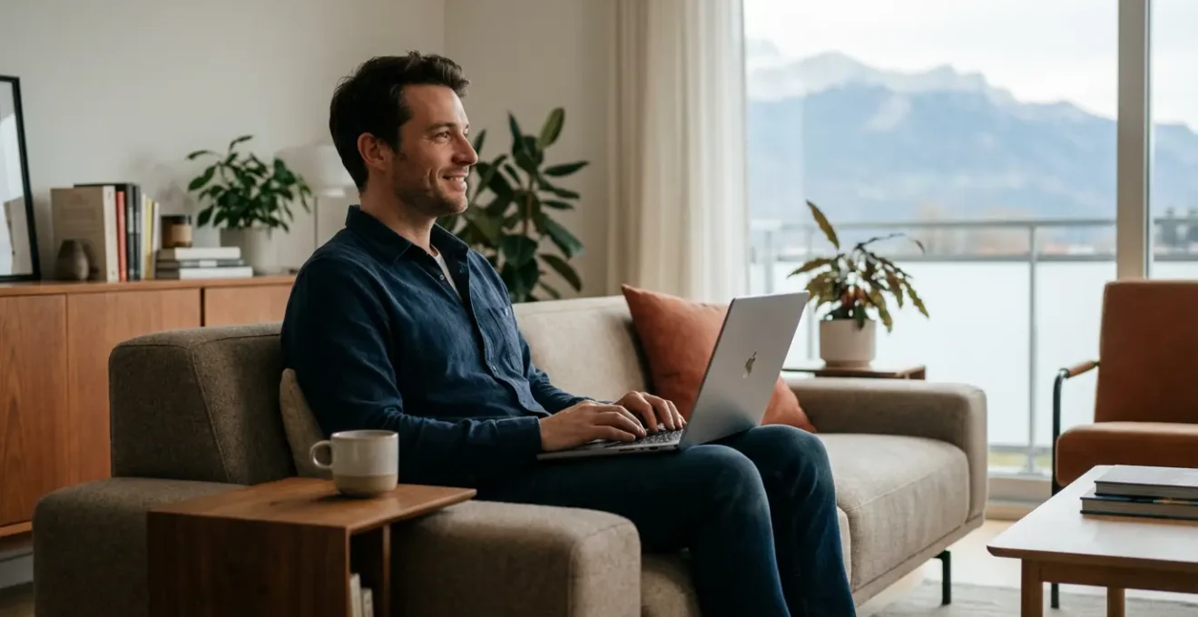 Professionnel détendu dans salon lumineux d'appart-hôtel avec vue sur les Alpes