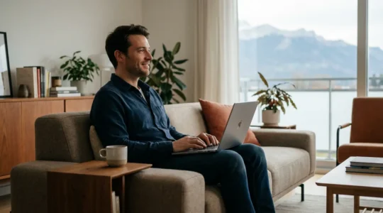 Professionnel détendu dans salon lumineux d'appart-hôtel avec vue sur les Alpes