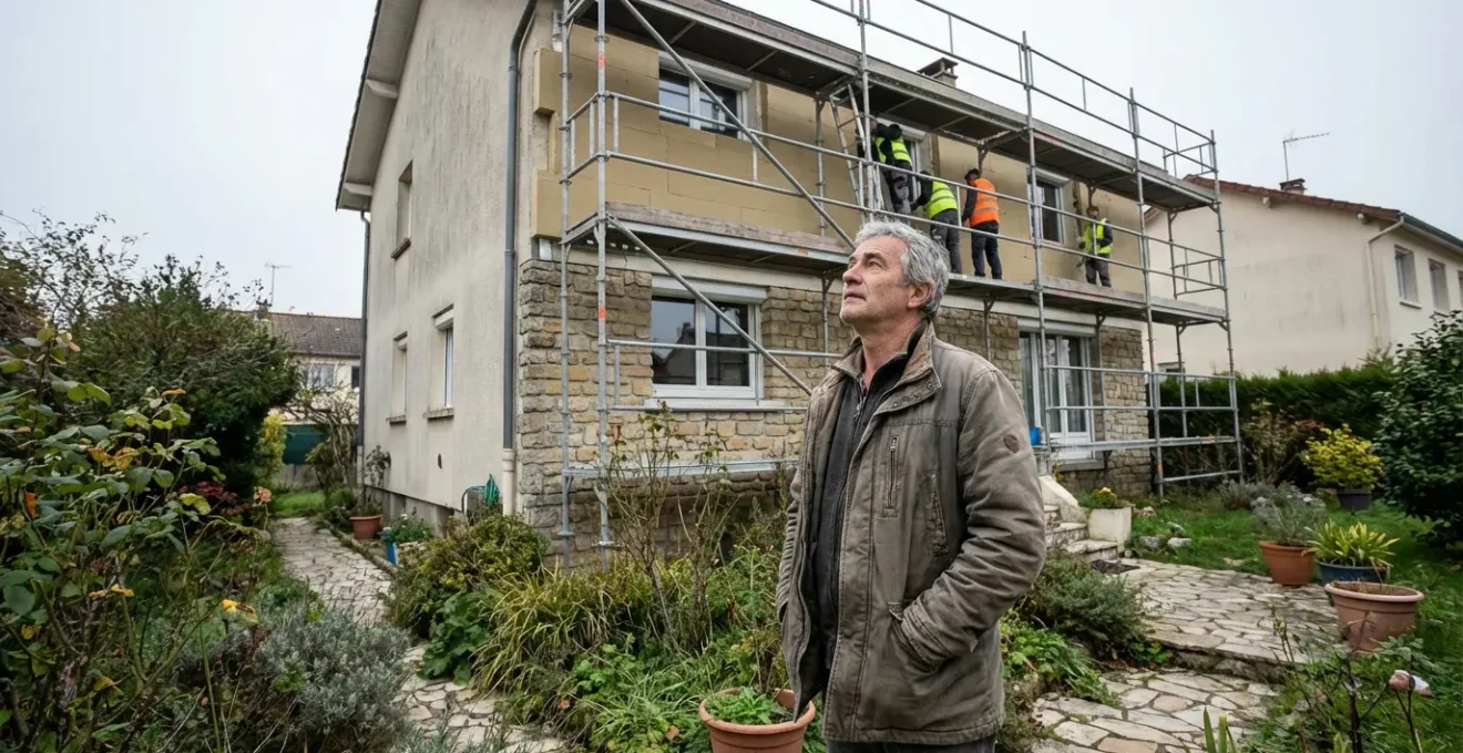 Propriétaire observant travaux isolation thermique extérieure sur façade maison