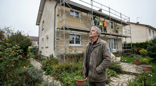 Propriétaire observant travaux isolation thermique extérieure sur façade maison
