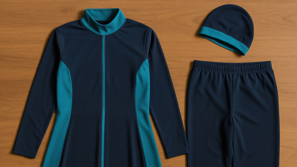 Burkini étalé sur serviette de plage séchant à l'air libre en extérieur