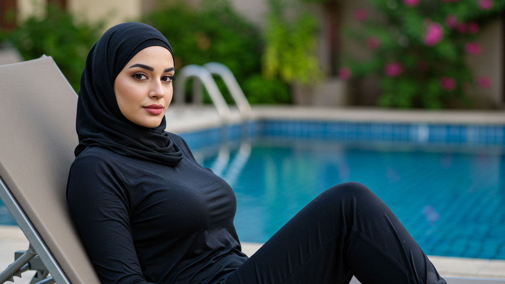 Gros plan sur tissu de burkini technique montrant élasticité et gouttes d'eau