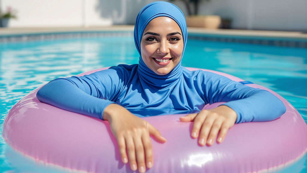 Femme sortant de piscine en burkini, tissu fluide ne collant pas au corps