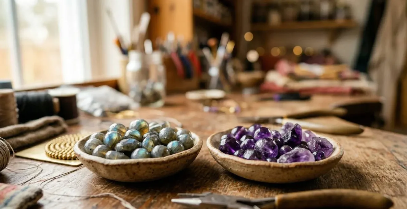 Assortiment de perles de labradorite aux reflets bleutés et d'améthyste violette disposées dans des coupelles en céramique blanche sur un plan de travail d'atelier