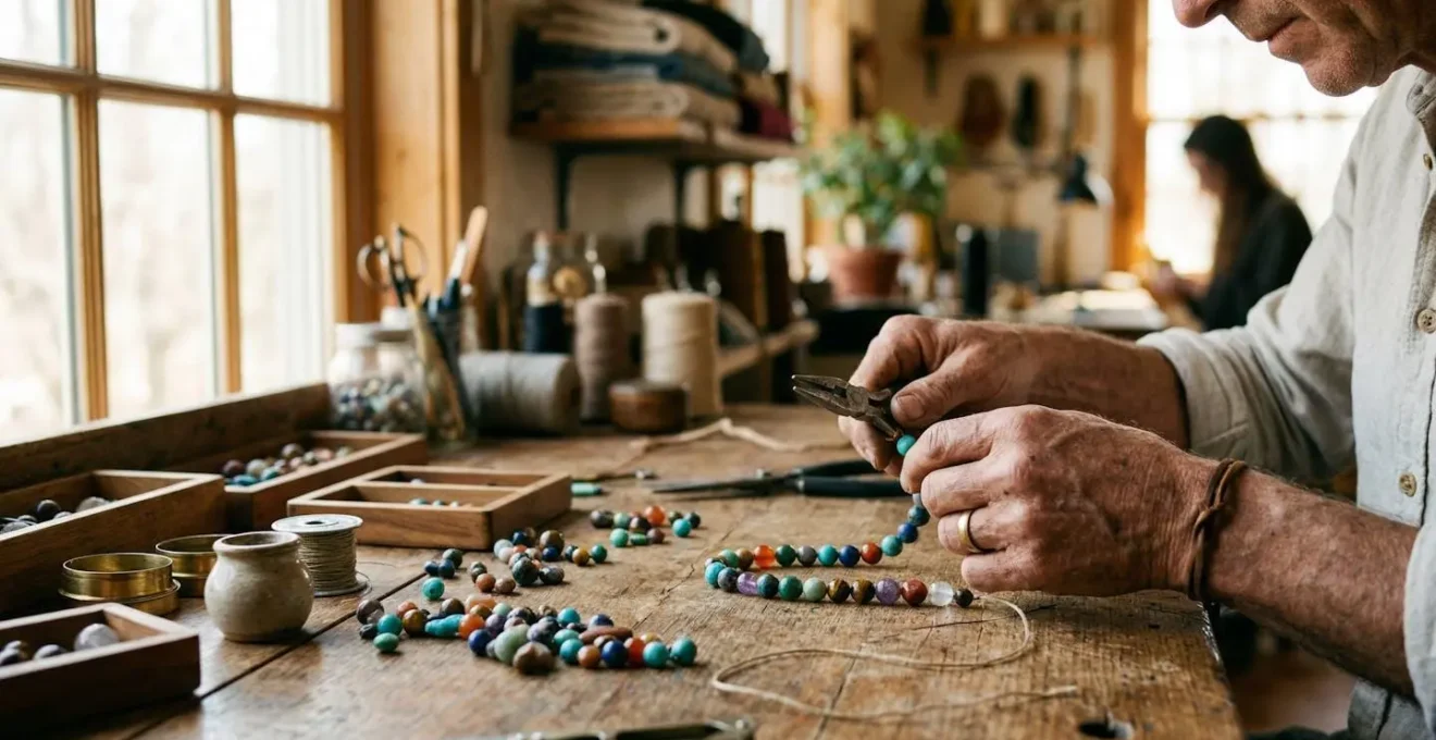 Mains d'une créatrice de bijoux manipulant des perles de pierres naturelles sur un plan de travail en bois, éclairées par la lumière d'une fenêtre