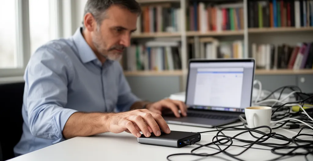 Professionnel consultant ses données de sauvegarde avec disque dur externe connecté