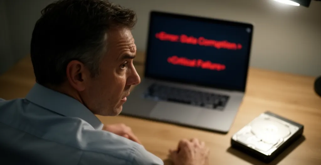 Professionnel face à une erreur sur son écran, expression préoccupée
