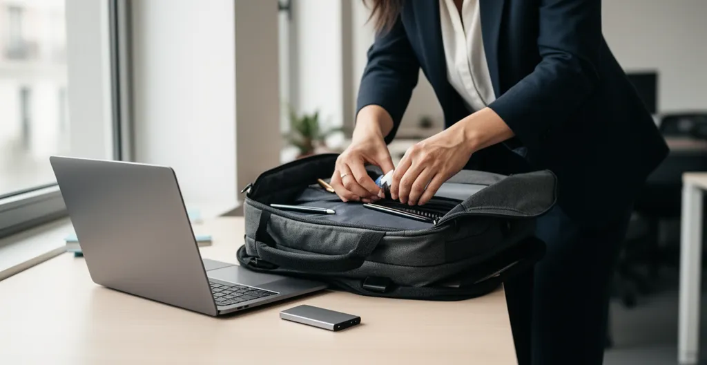 Professionnelle préparant son équipement mobile avec SSD externe pour déplacement client