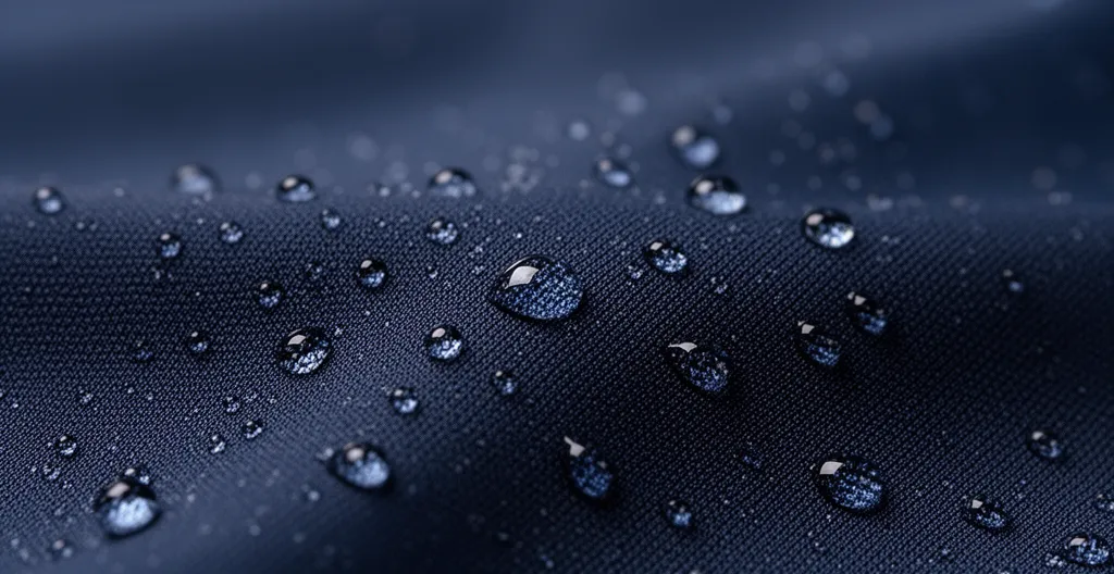 Gros plan sur tissu de burkini technique montrant élasticité et gouttes d'eau