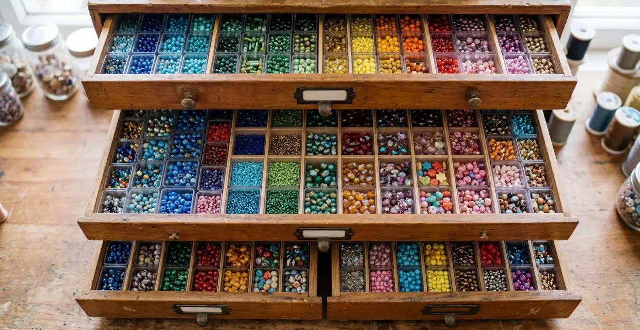 Vue plongeante sur des tiroirs ouverts remplis de rangées de perles de différentes couleurs et formes, ambiance stock organisé d'un grossiste