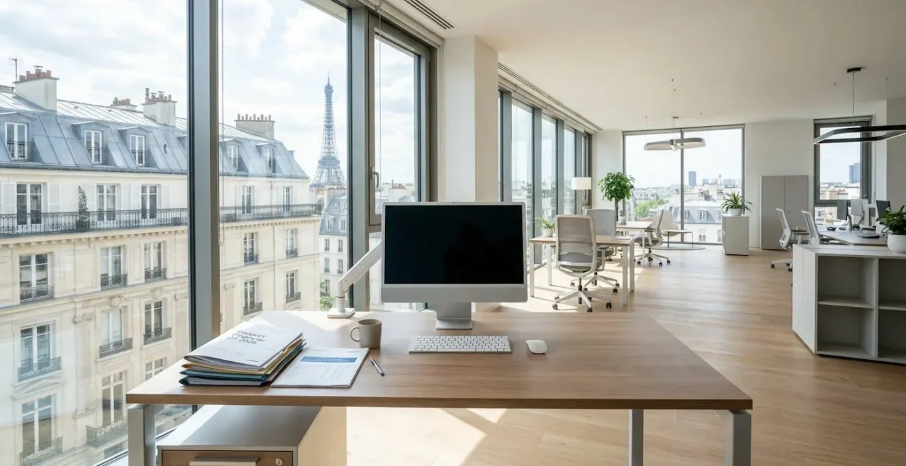 Un bureau contemporain vide au premier plan avec un ordinateur et des documents financiers bien rangés, lumière naturelle abondante venant de grandes fenêtres