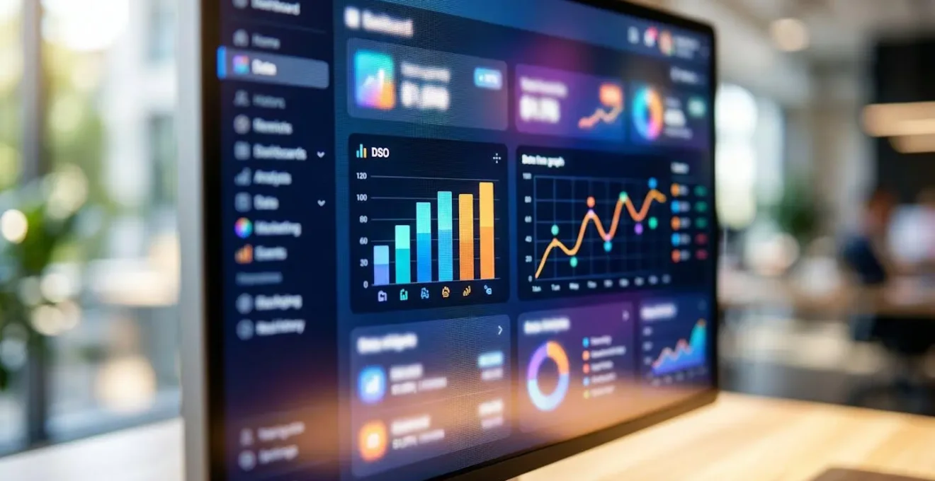 Gros plan sur un écran d'ordinateur affichant des graphiques de suivi du DSO avec des courbes d'encours clients, l'arrière-plan est flouté