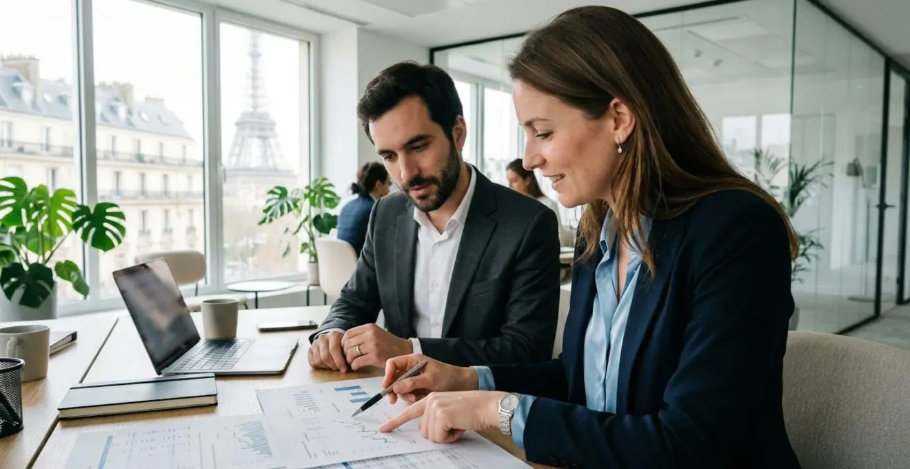 Une directrice financière et son assistante comptable analysent des documents financiers côte à côte dans un bureau lumineux, vues de profil