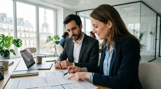 Une directrice financière et son assistante comptable analysent des documents financiers côte à côte dans un bureau lumineux, vues de profil