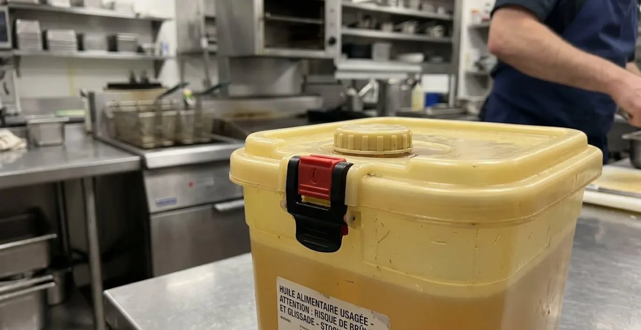 Bidon de stockage scellé pour huiles alimentaires usagées dans une cuisine professionnelle, avec système de fermeture étanche