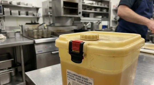 Bidon de stockage scellé pour huiles alimentaires usagées dans une cuisine professionnelle, avec système de fermeture étanche