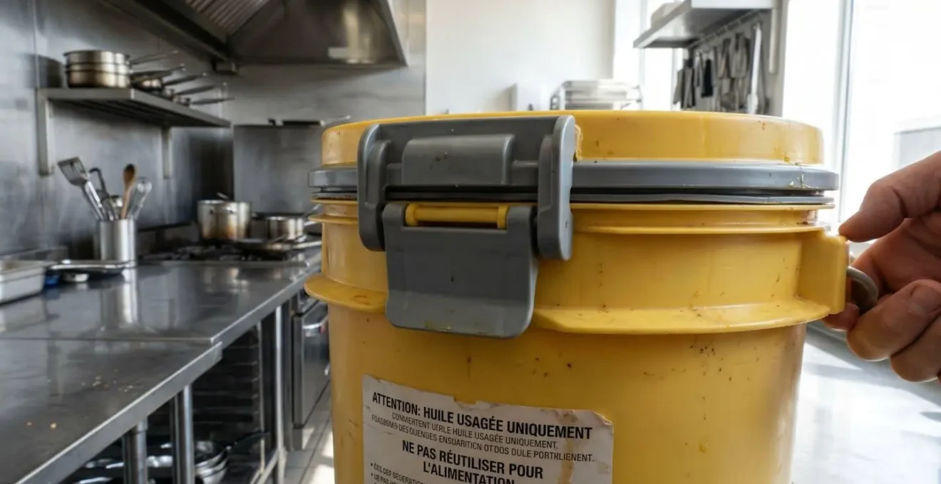 Bidon de stockage scellé pour huiles alimentaires usagées dans une cuisine professionnelle, avec système de fermeture étanche