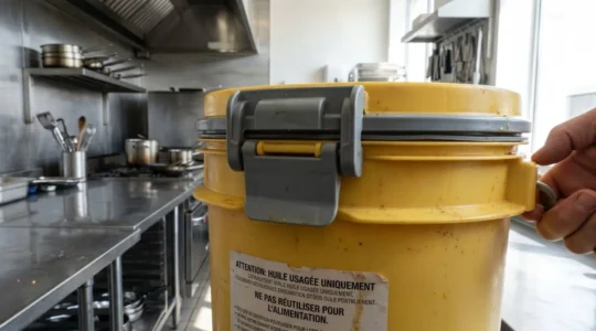 Bidon de stockage scellé pour huiles alimentaires usagées dans une cuisine professionnelle, avec système de fermeture étanche