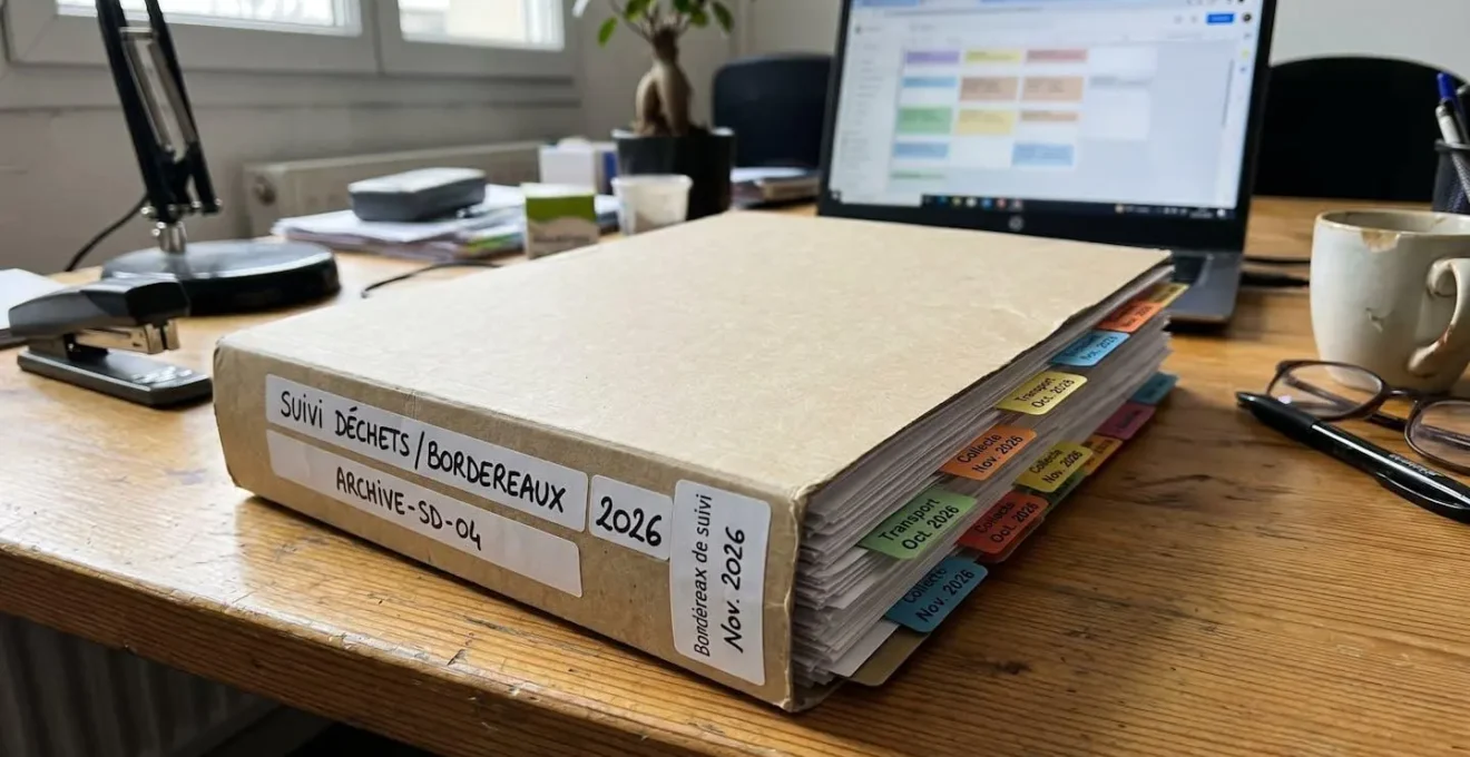 Dossier administratif contenant des bordereaux de suivi des déchets archivés et classés par date dans un classeur à onglets