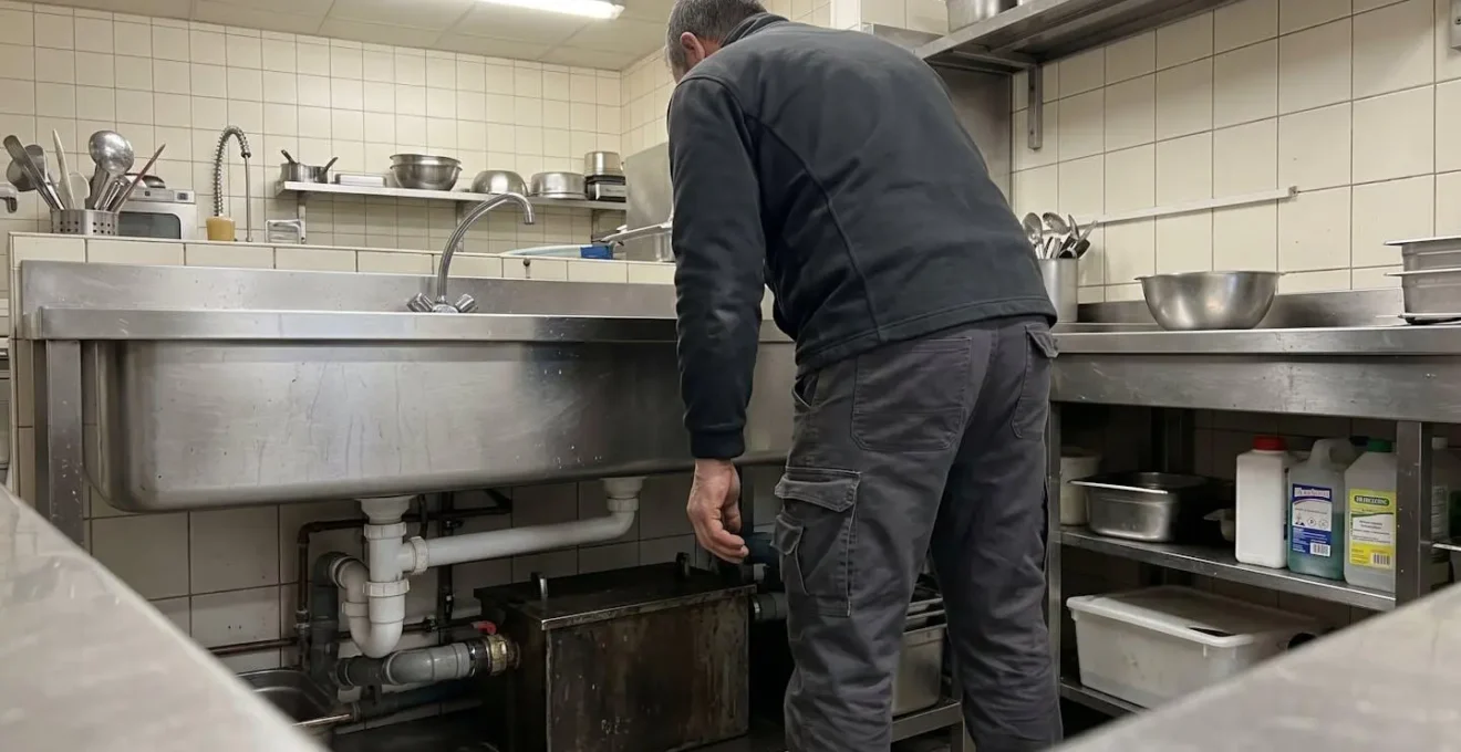 Technicien de dos inspectant le système d'évacuation et le raccordement au bac à graisse dans une cuisine de restaurant