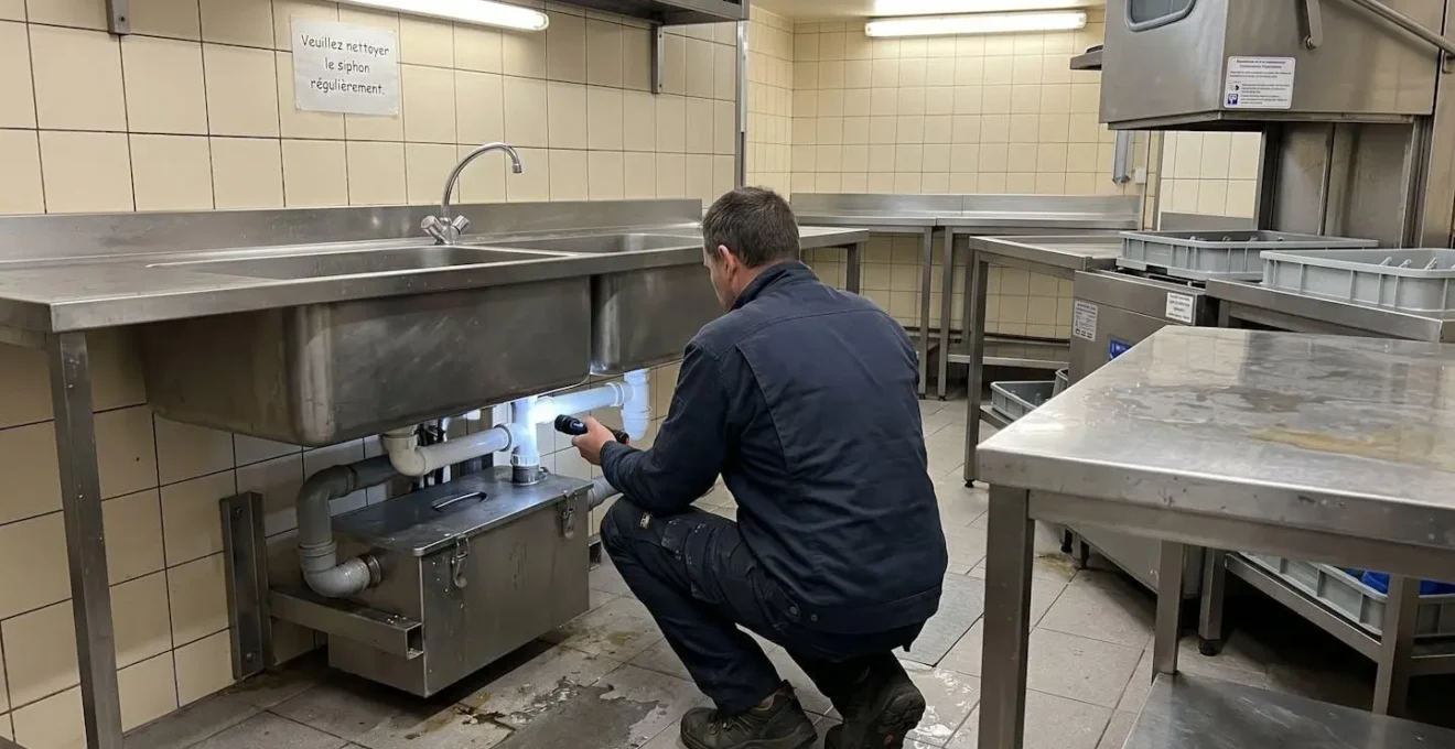 Technicien de dos inspectant le système d'évacuation et le raccordement au bac à graisse dans une cuisine de restaurant