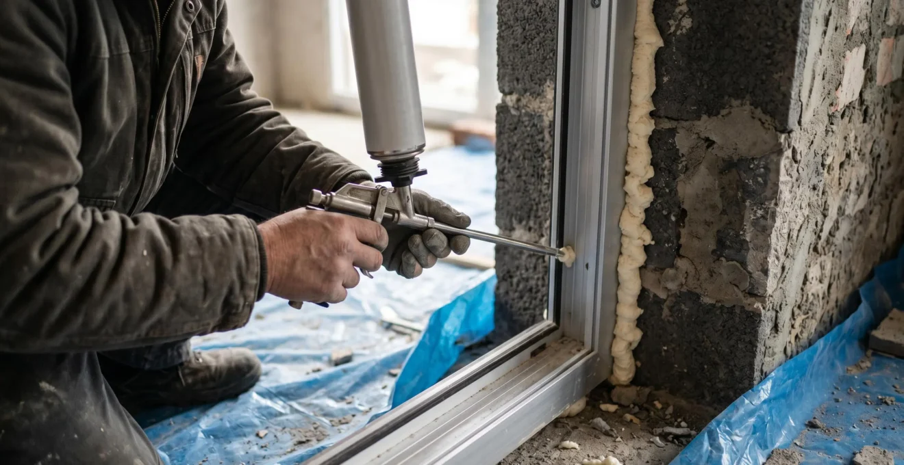 Application de mousse expansive professionnelle dans joint périphérique entre dormant porte aluminium et maçonnerie sur chantier