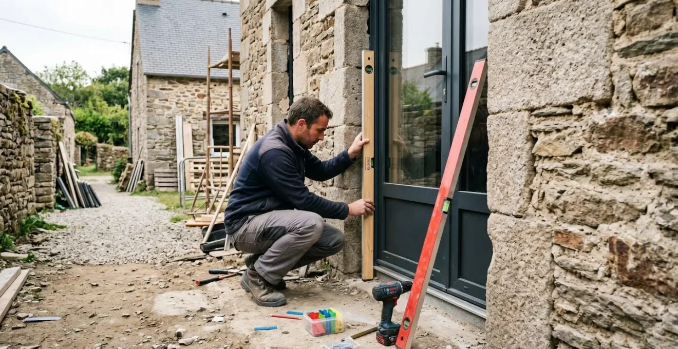 Artisan menuisier vérifiant l'aplomb d'une porte d'entrée en aluminium fraîchement posée sur un chantier de rénovation avec mur en pierre apparente et outils professionnels au sol