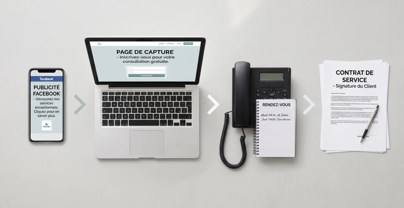 Vue du dessus d'une composition horizontale montrant 4 étapes du funnel : smartphone avec publicité Facebook, ordinateur portable avec landing page, téléphone fixe et carnet de rendez-vous, contrat signé, reliés par des flèches