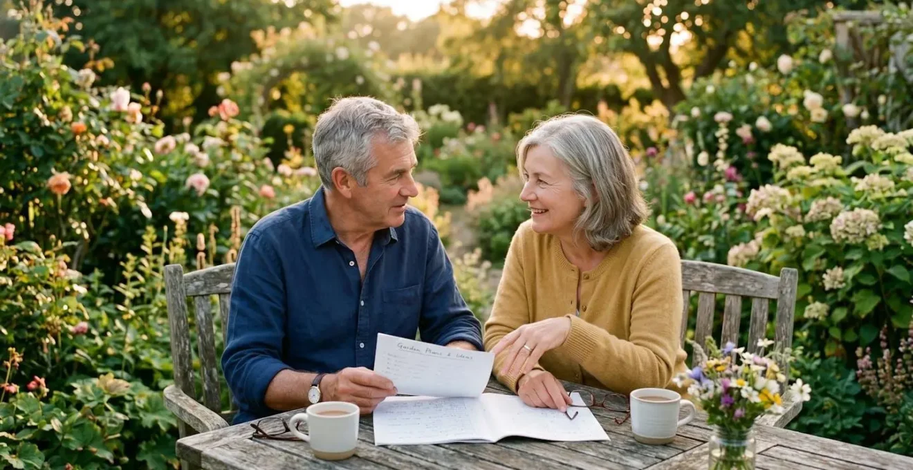 Couple de retraités discutant sereinement de leurs options de sortie en capital ou en rente dans un jardin ensoleillé