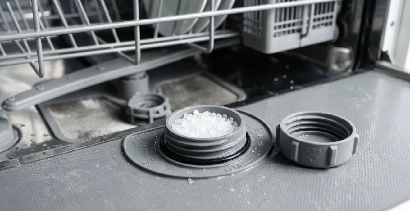 Compartiment à sel régénérant ouvert d'un lave-vaisselle encastrable avec doseur visible