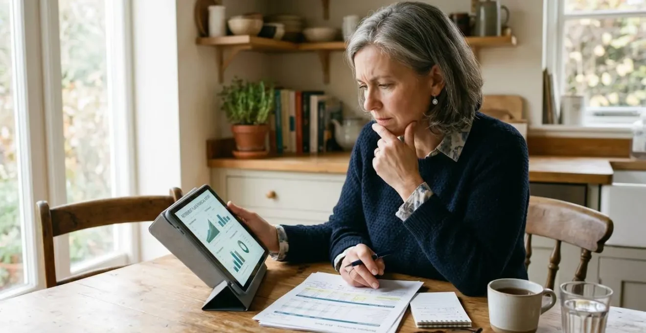 Femme d'une cinquantaine d'années vérifiant un tableau de frais sur son contrat d'épargne retraite via une tablette