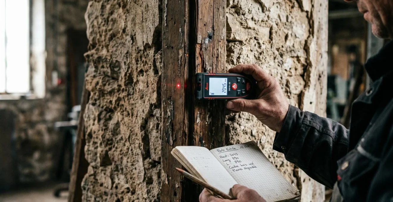 Gros plan sur mains d'artisan mesurant ouverture de porte avec mètre laser, dormant bois abîmé et maçonnerie pierre friable visibles