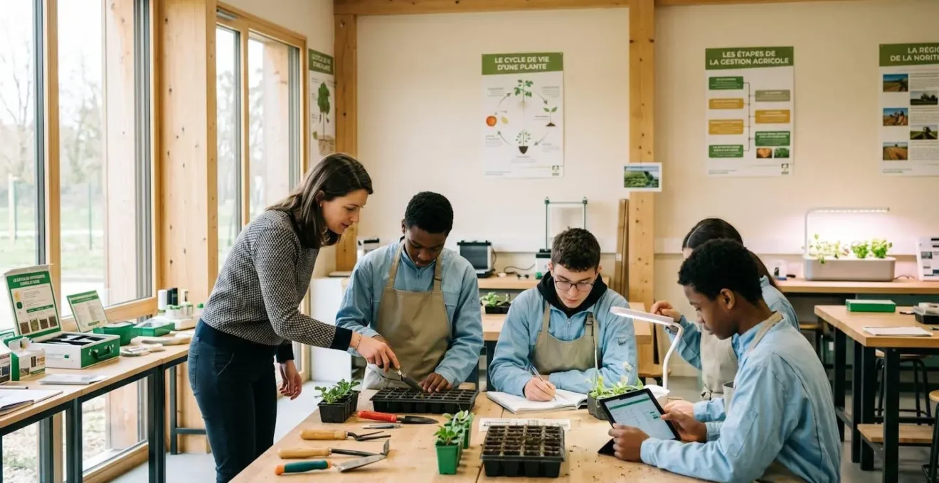 Groupe de jeunes élèves en tenue de travail pratiquant un atelier technique encadré par un formateur dans un centre de formation MFR moderne avec lumière naturelle et matériel professionnel