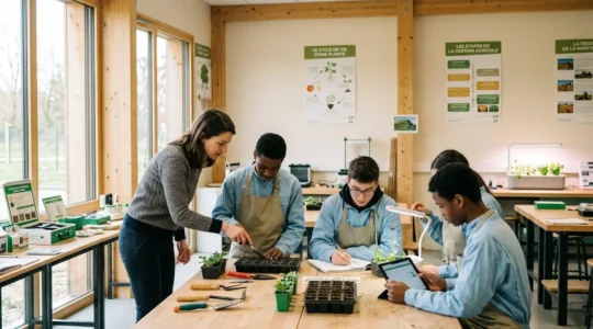Groupe de jeunes élèves en tenue de travail pratiquant un atelier technique encadré par un formateur dans un centre de formation MFR moderne avec lumière naturelle et matériel professionnel