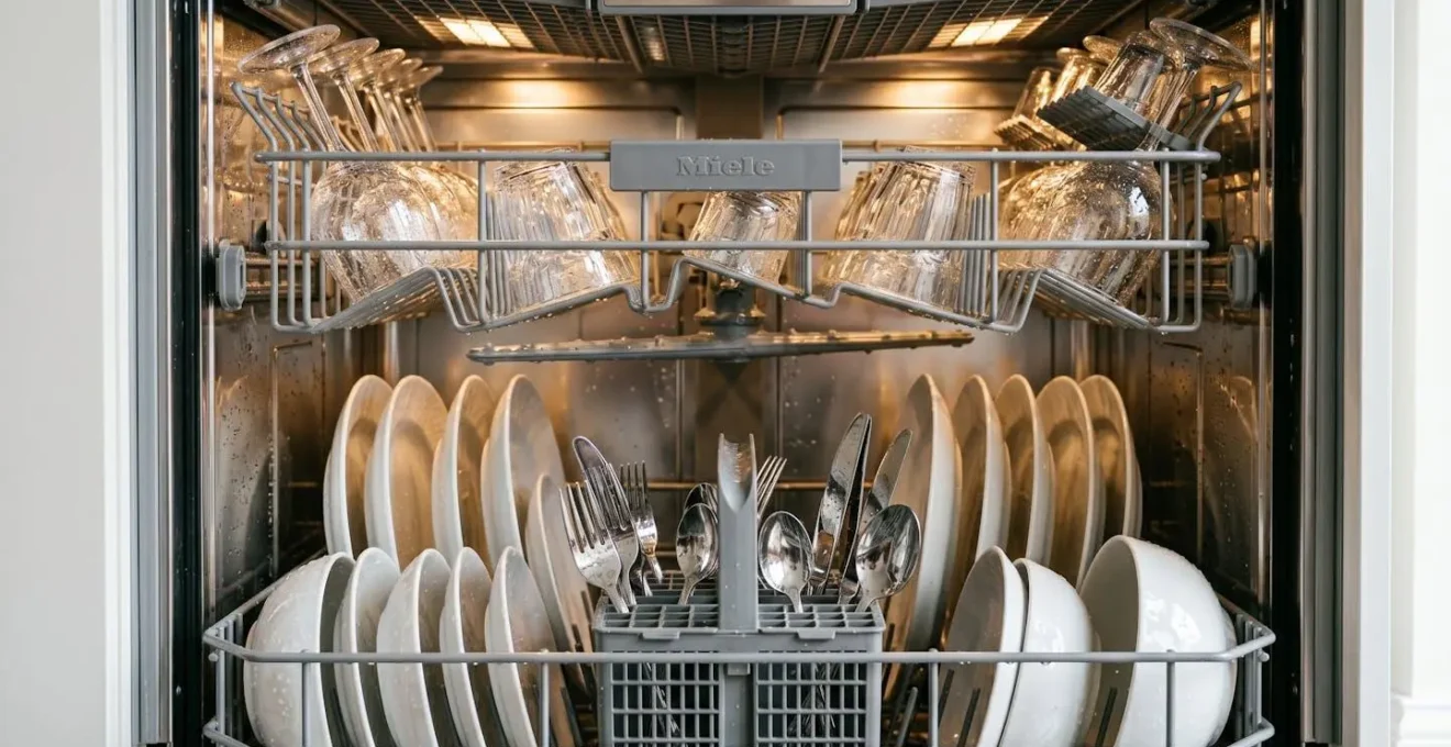 Intérieur d'un lave-vaisselle encastrable avec panier bien rempli de couverts et d'assiettes propres