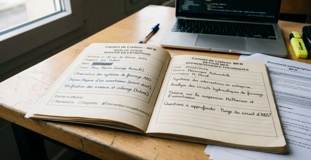 Livret de liaison MFR ouvert sur une table de travail avec annotations manuscrites en français, entouré de matériel pédagogique