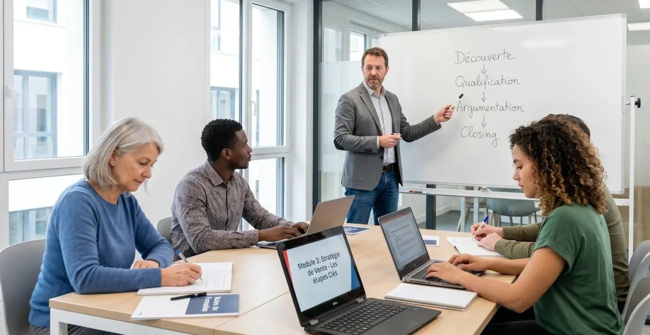 Salle de formation moderne avec participants concentrés sur leurs ordinateurs portables et carnets, formateur expliquant au tableau blanc des étapes de closing manuscrites en français