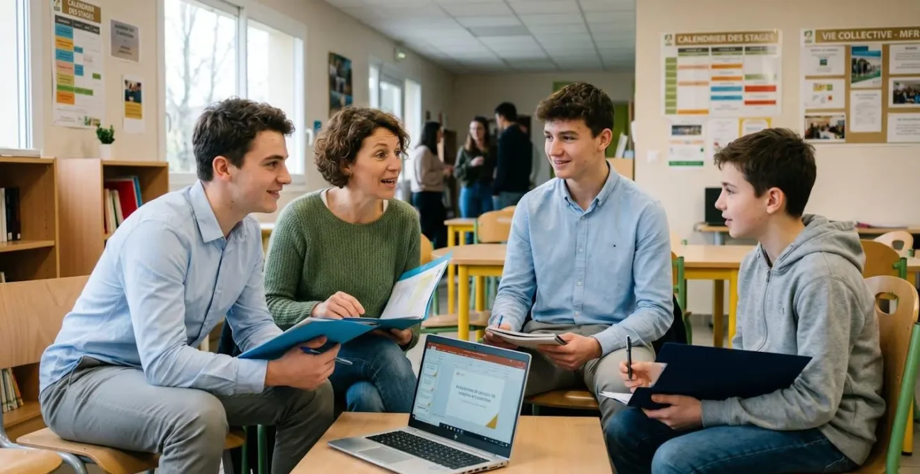 Trois personnes d'âges différents (adolescent, jeune adulte, adulte) échangeant dans un espace commun de MFR avec matériel de formation